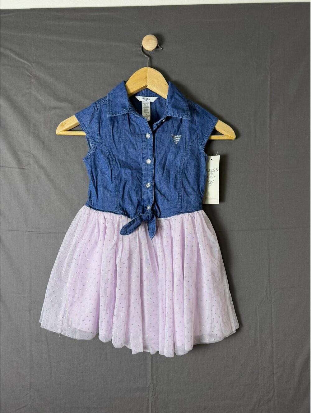 GUESS Kids Girls Denim Tulle Dress Size 6 NWOT Blue Purple Rhinestone Sparkle